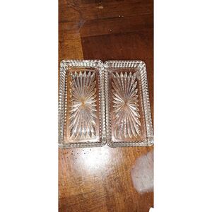 Vintage Pair Clear Pressed Glass Rectangular Trinket Dishes Starburst Pattern Sa